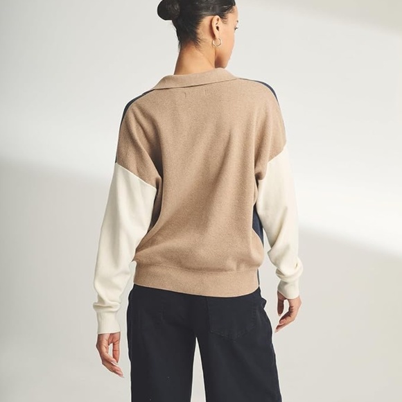 Naadam Cafe Cotton Cashmere Colorblock Polo Sweater - Medium - Indigo - Picture 2 of 5